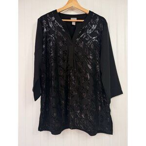 Chico's Black Embellished 3/4 Sleeve Tunic Blouse Top Elegant Size 2 / Large